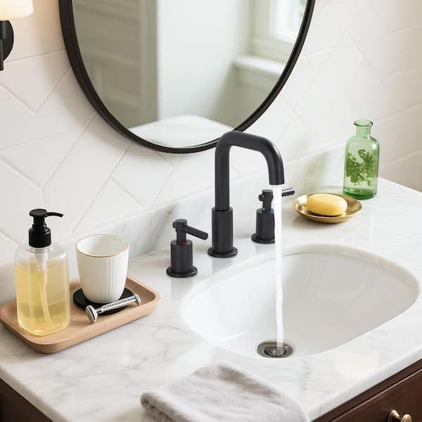 3 Hole 8 in. Widespread Double Handle High Arc Bathroom Faucet with Drain Kit Included and Supply Line in Matte Black