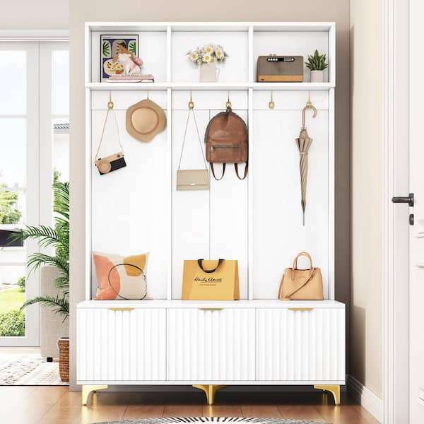 Harper & Bright Designs 4-in-1 Design White Hall Tree with Bench, High Gloss Fluted Doors, 6-Luxurious Gold Hooks and Legs