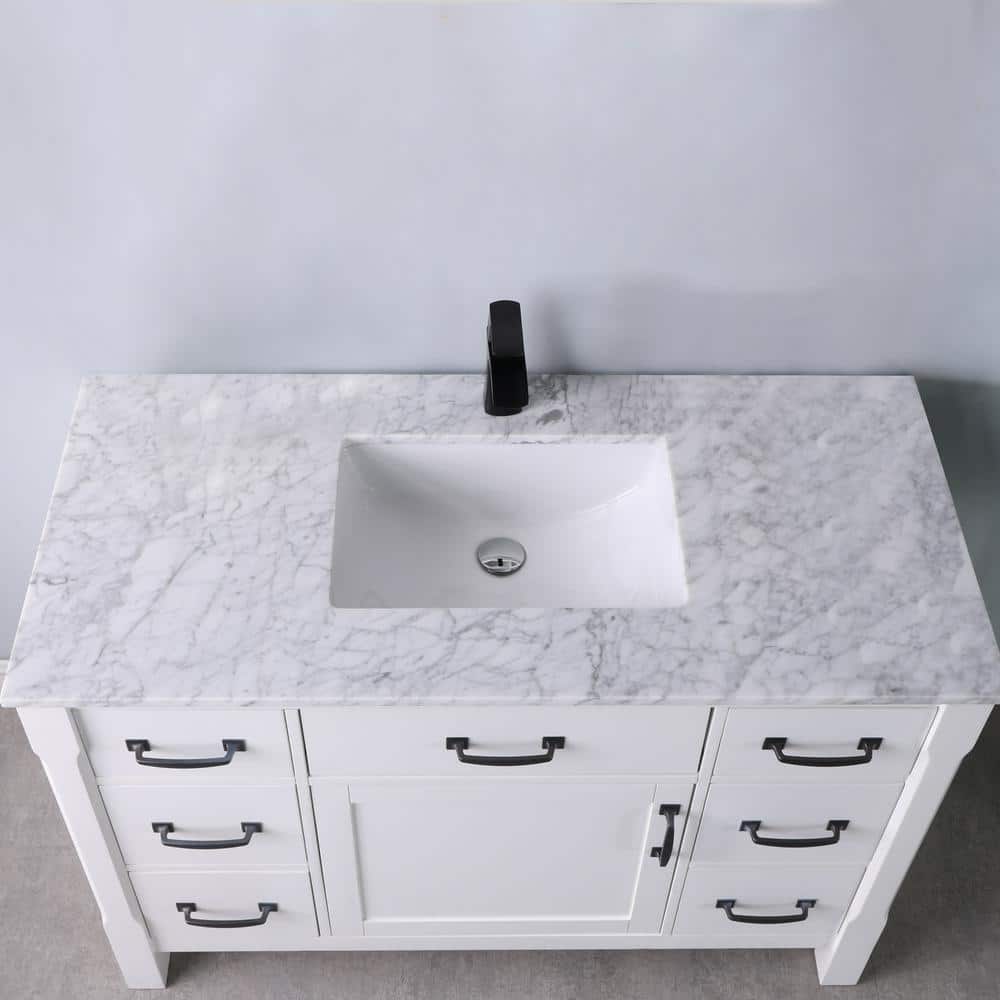 Maribella 48" White Marble Single Vanity with Black Hardware
