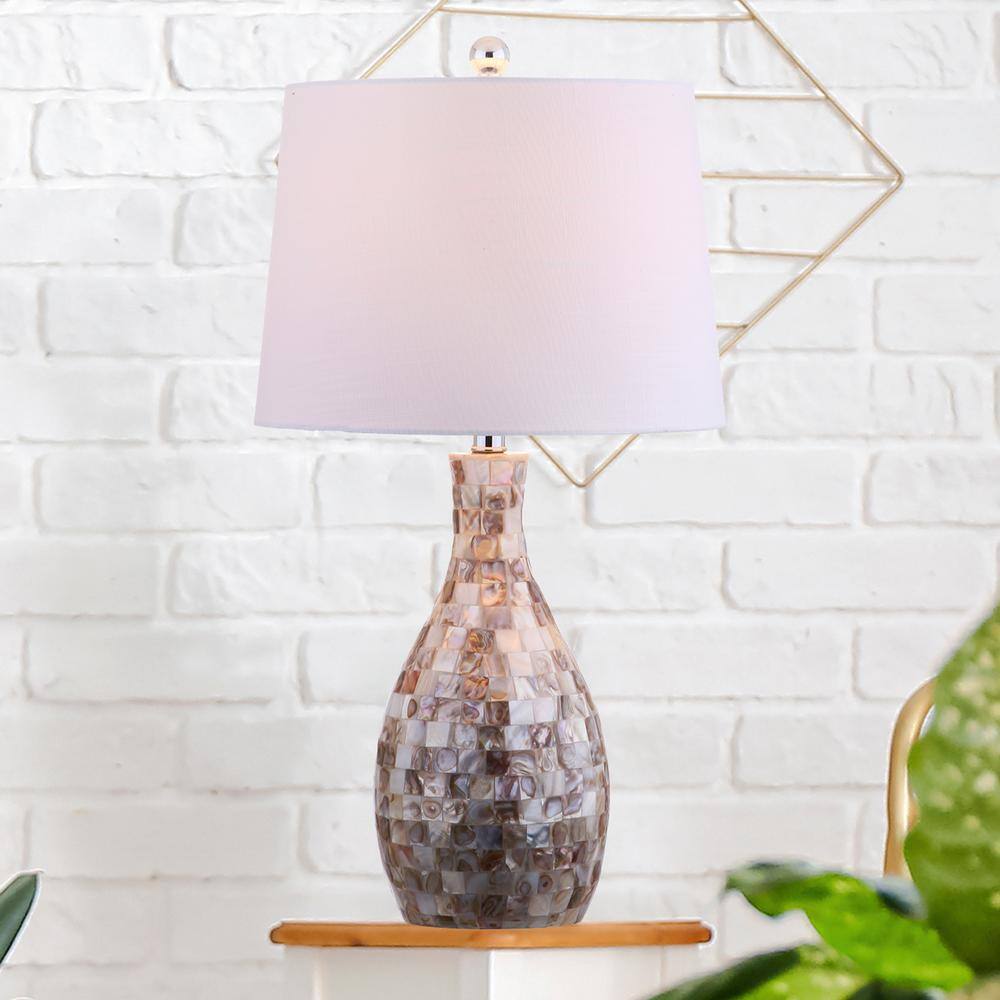 Ivory and Beige Capiz Shell Mosaic Table Lamp with White Linen Shade