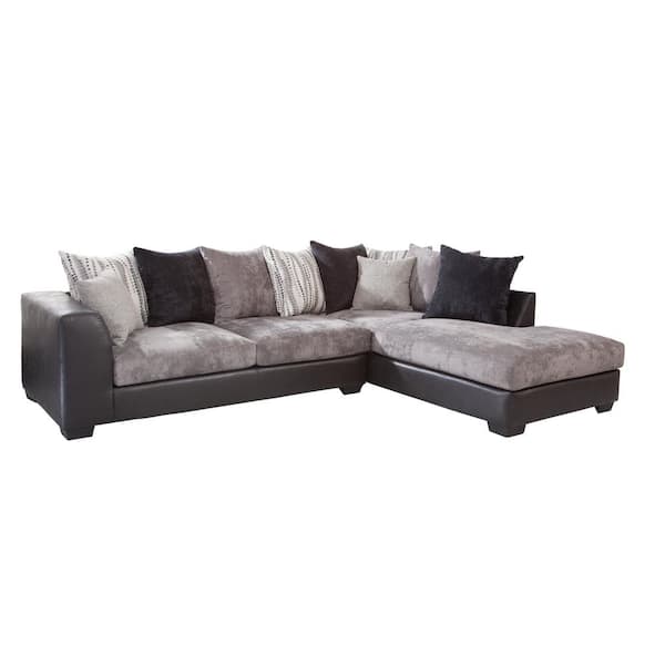 American Furniture Classics Casual Comfort 123 in. W Track Arm 2 Piece Chenille L Shape Sectional Sofa in Charcoal and Black with 10 Accent Pillows