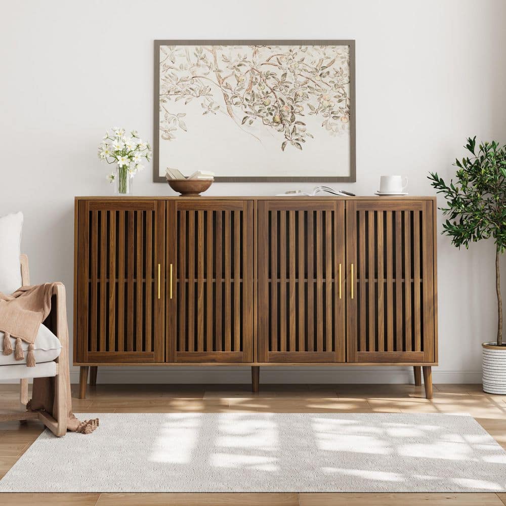 63 in. Walnut Grille Door 4 Door MDF Sideboard Buffet Cabinet with Adjustable Shelves for Dining Room Living Room price history on PriceWatchPro