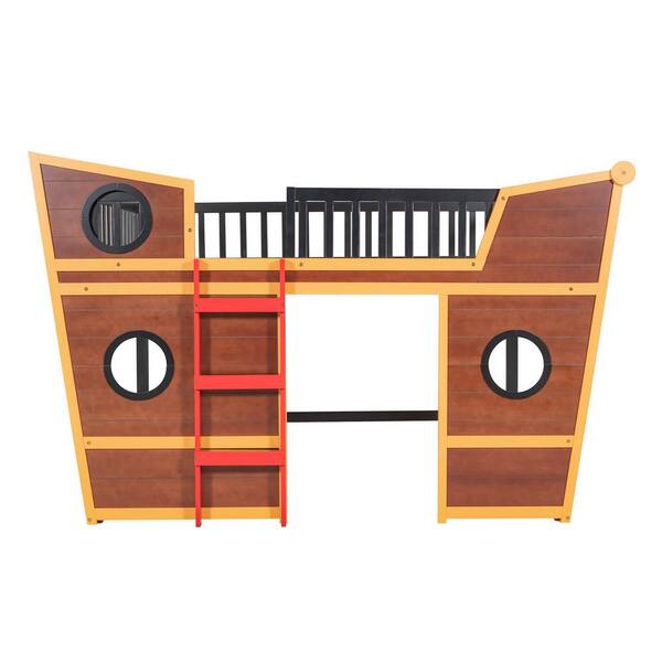 URTR Walnut Full Size Boat Shape Loft Bed with Ladder and Guardrail, Boat Design Wood Loft Bed