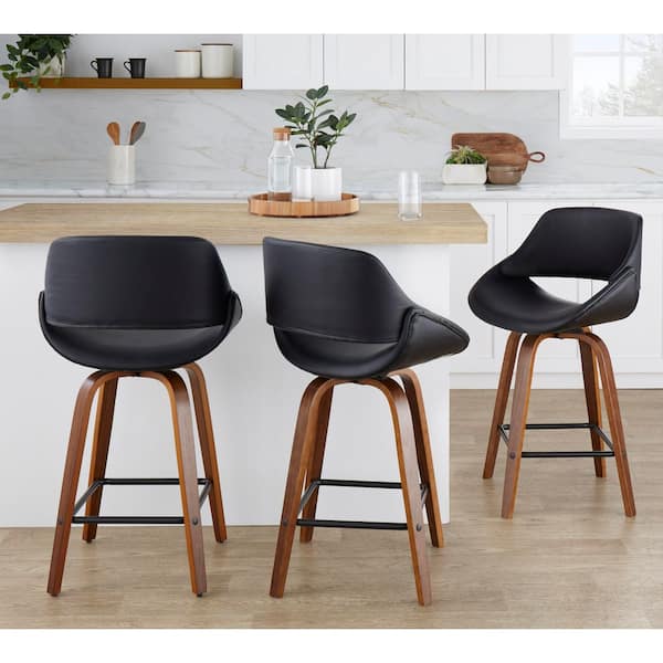 Fabrico 38 in. Black Faux Leather, Walnut Wood, and Black Metal Fixed-Height Counter Stool Square Footrest (Set of 2)