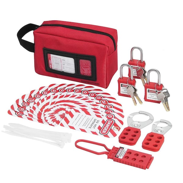 26-Piece Electrical Lockout/Tagout Kit with Safety Padlocks, Dual-Type Hasps, Writable Tags Nylon Ties and Carry Bag Red