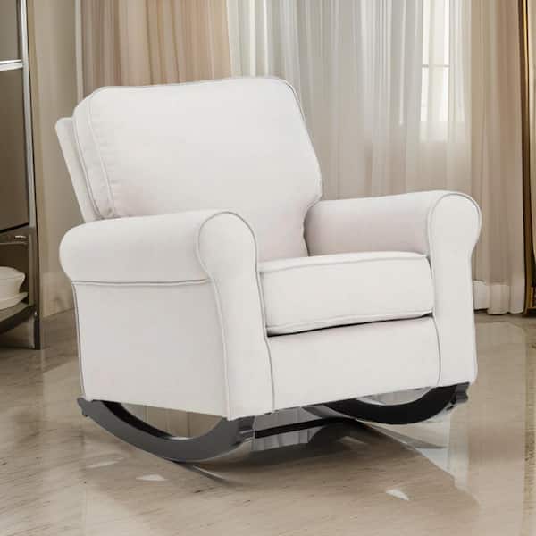 Benjara Soft Beige Fabric Rocking Chair with Pocket Coil Seat and Wood Frame