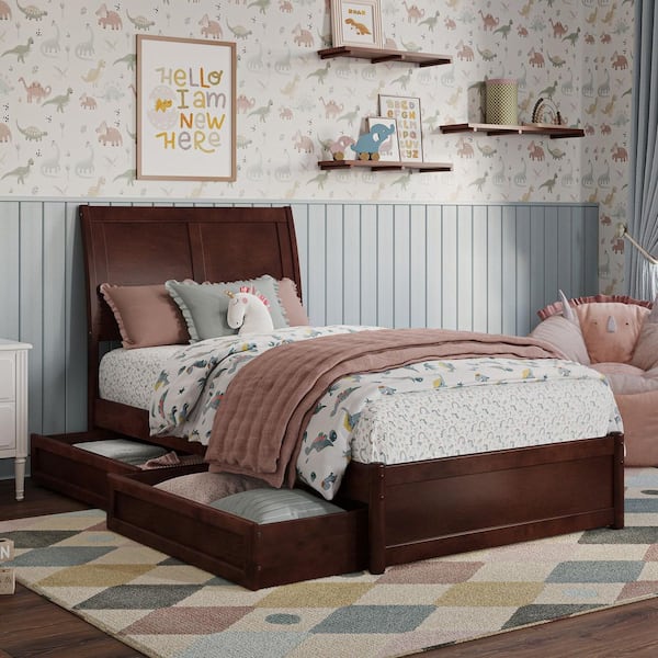 AFI Andorra Walnut Brown Solid Wood Frame Twin Platform Bed with Panel Footboard and Storage-Drawers