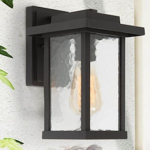 Matte Black Outdoor Wall Lantern Sconce with Textured Glass Shade Modern 1-Light Porch Patio Garden Wall Mounted Light