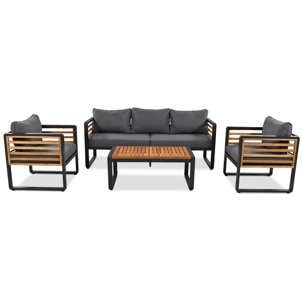 4-Piece Metal & Wood Outdoor Patio Conversation Set with Gray Removable Cus
