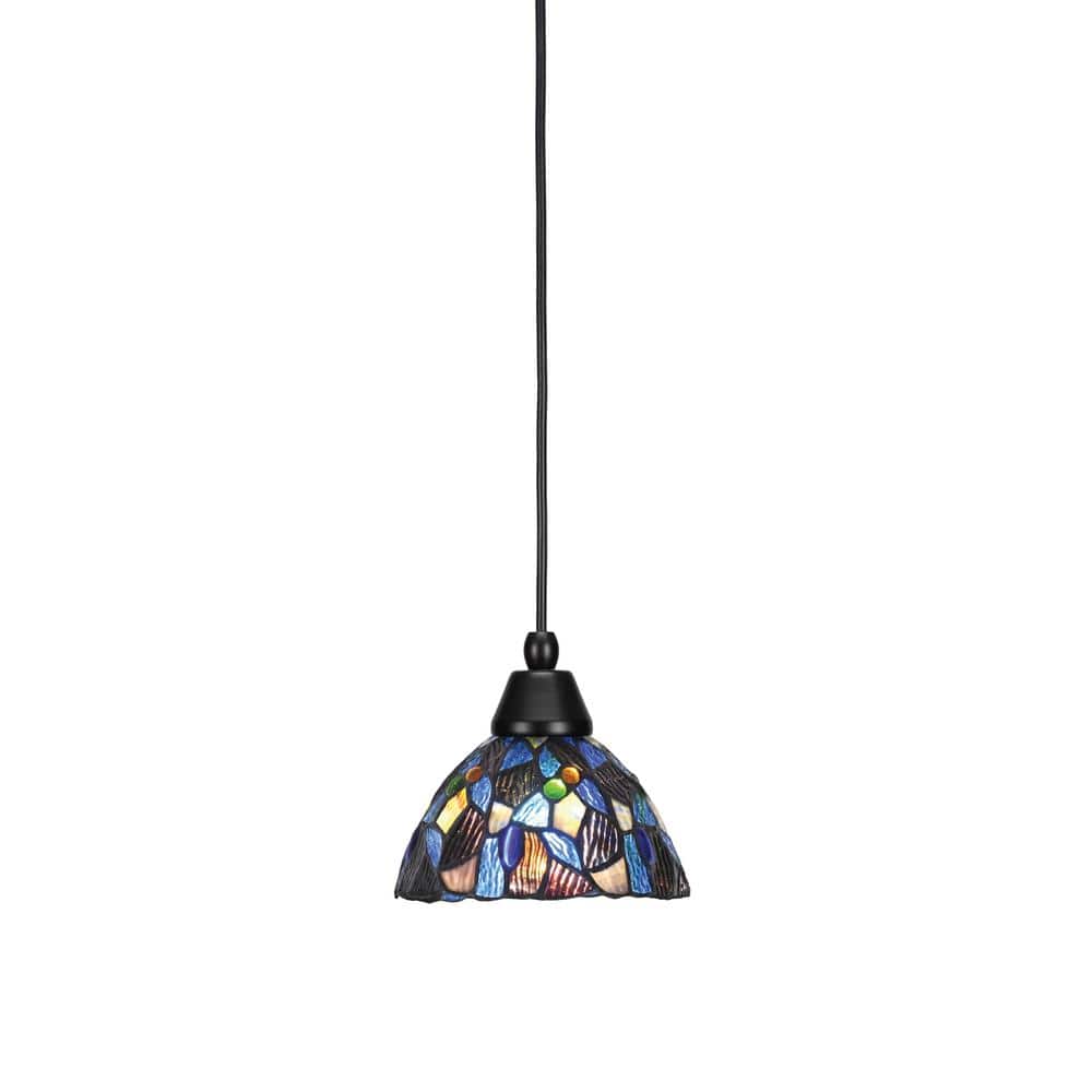 Bryson 7 in. 1-Light Matte Black Cord Pendant Light with 7 in. Blue Mosaic 