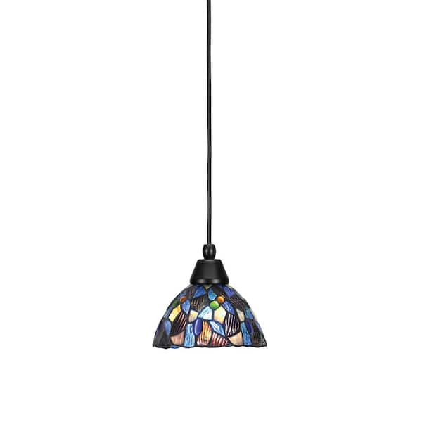 Unbranded Bryson 7 in. 1-Light Matte Black Cord Pendant Light with 7 in. Blue Mosaic Art Glass Shade, no bulb included