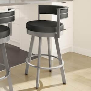 Browser 26 in. Black Faux Leather / Glossy Grey Metal Swivel Counter Stool