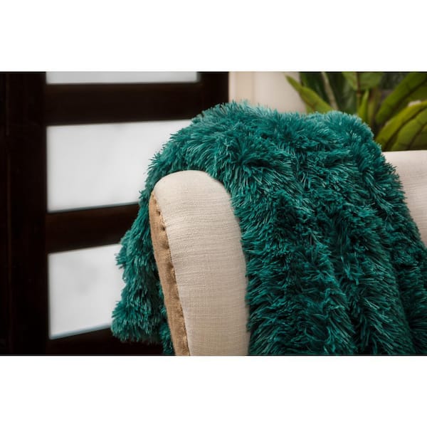 CHANASYA Solid Teal Shaggy Faux Long Fur Polyester Throw Blanket