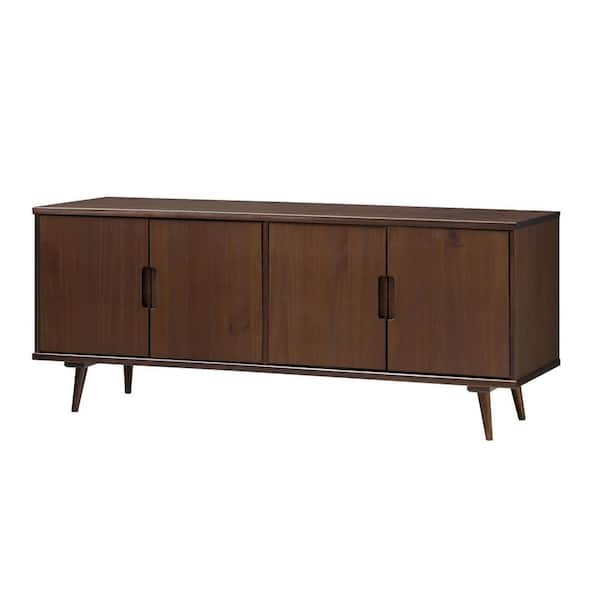 Welwick Designs 60 in. Walnut Solid Wood Mid-Century Modern TV Stand with 4-Doors Fits TVs up to 65 in.