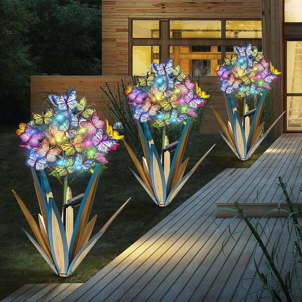 Solar Metal Agave Butterfly Flower Stick Garden Sculpture, 3-Pack