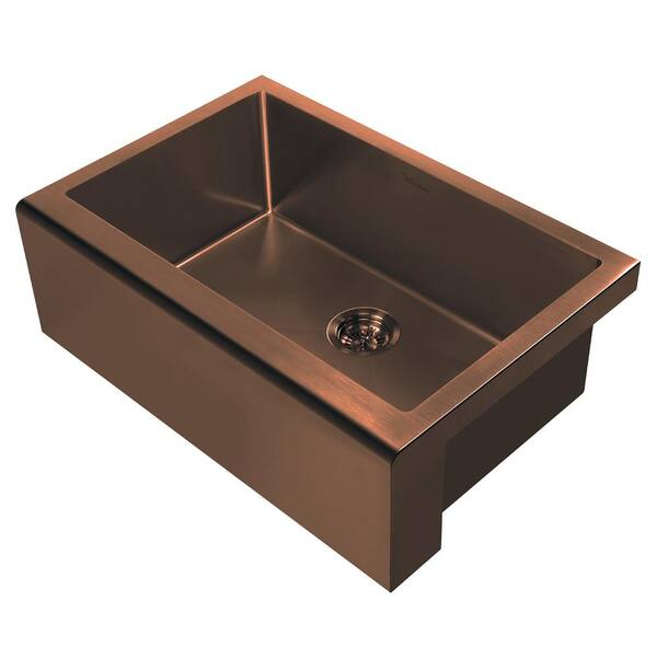 Whitehaus Collection Noah Plus All-in-One Farmhouse Apron Front 30 in. Stainless Steel Single Bow Kitchen Sink in Copper Sink Kit