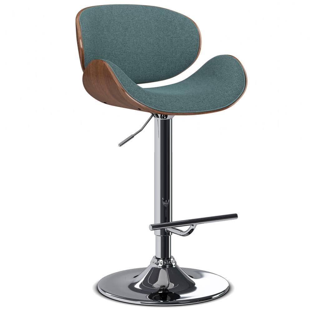 Light Turquoise Blue Linen Adjustable Swivel Bar Stool with Walnut Bentwood