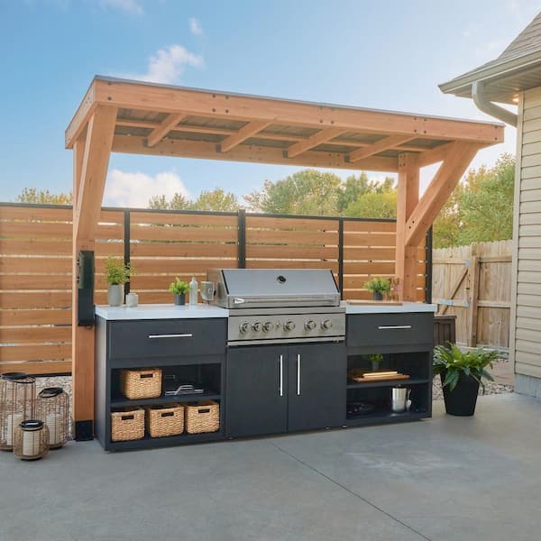 Timber Rock Propane Grill Island Outdoor Kitchen Cooking Station in Stainless Steel with Quartz Countertops