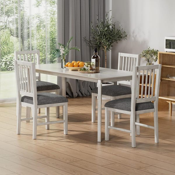 VECELO Slat Back Dining Chairs Set of 4, Upholstered Gray Dining Chair with Wooden Legs, Farmhouse and Modern Dining Chairs