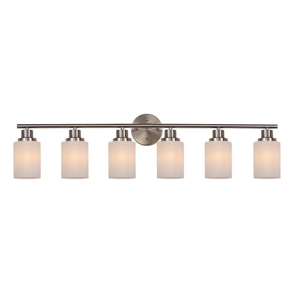 38.6 in. 6-Light Silver Bathroom Vanity Light Fixture, Frosted Glass Shades, Modern Wall Mounted Lighting (No Bulbs)