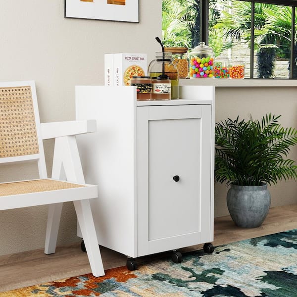 Sliding out Storage Cabinet , Multi-Layer Soda Can Organizer for Pantry, Mobile Snack Storage Rack with Wheels in White