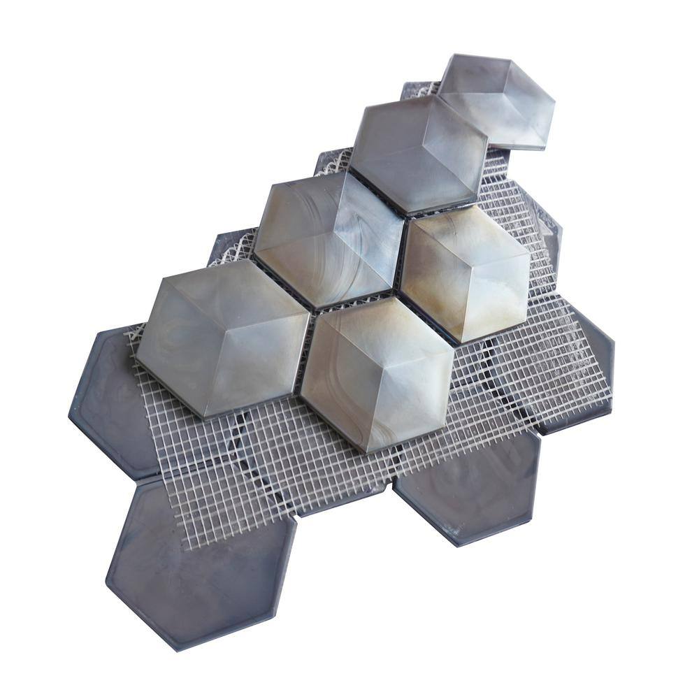 Aurora Glossy Gray Glass Hexagonal Mosaic Tile Sheet