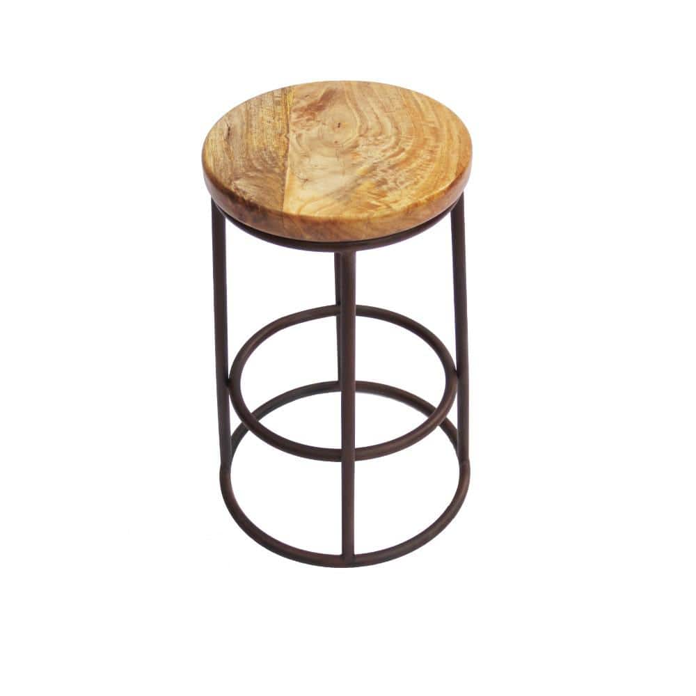 Circular Mango Wood and Iron 24'' Counter Stool in Brown and Black
