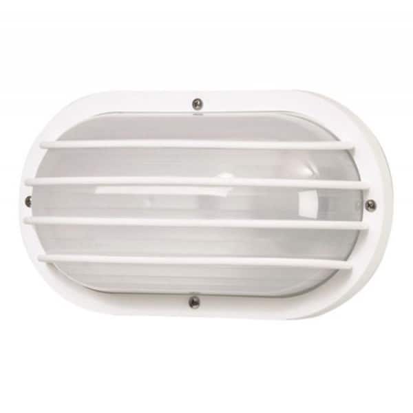 Nautical Oblong White Outdoor Hardwired Bulkhead Sconce with 3000K LED Bulb and Horizontal Diffuser Cage