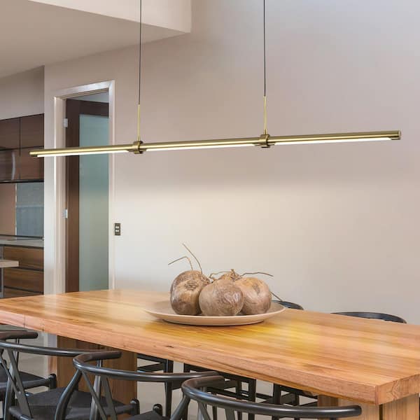 Neculina 3-Light 47 in. Integrated LED Gold Hanging Kitchen Island Pendant Light Linear Chandelier