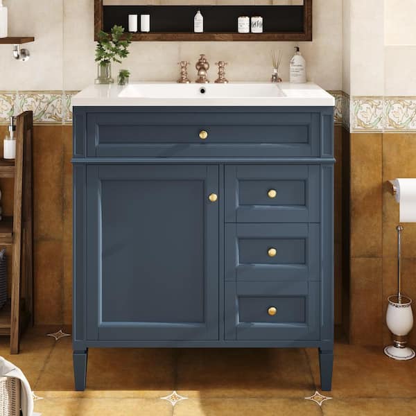 Unbranded 30 in. W x 18 in. D x 33 in. H Single Sink Freestanding Bath Vanity in Blue with White Ceramic Top