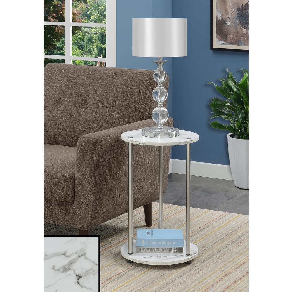 16" Round Faux White Marble and Chrome End Table