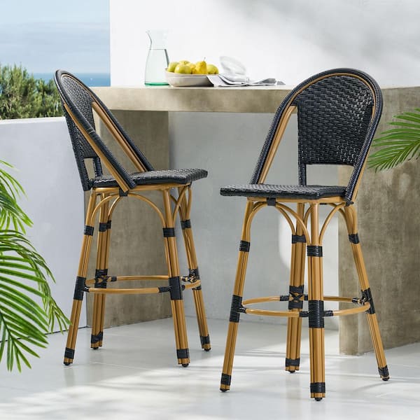 Flynama Set of 2 29.5 in. Outdoor PE Rattan and Aluminum French Barstools in Black