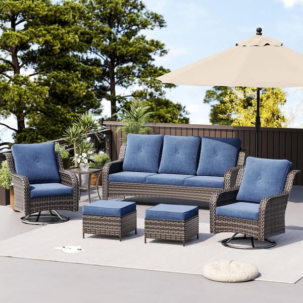 Dark Gray (PE) Rattan Metal Frame 6-Piece Outdoor Conversation Set with Navy Blue Cushions
