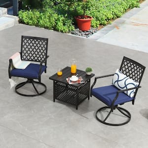 3-Piece Metal Swivel Square Outdoor Bistro Set with Blue Cushion
