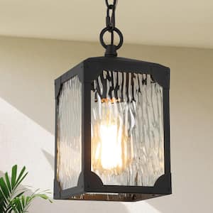 Modern Matte Black Outdoor Pendant Light Square 1-Light Cage Lantern Ceiling Light with Water Glass Shade for Porch