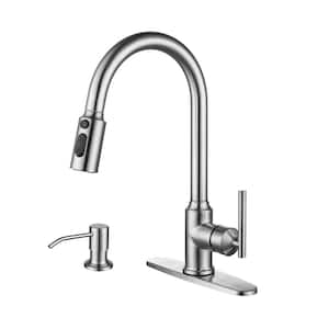 Single Handle Pull Down Sprayer Kitchen Faucet with Advanced Spray and Soap Dispenser in Brushed Nickel