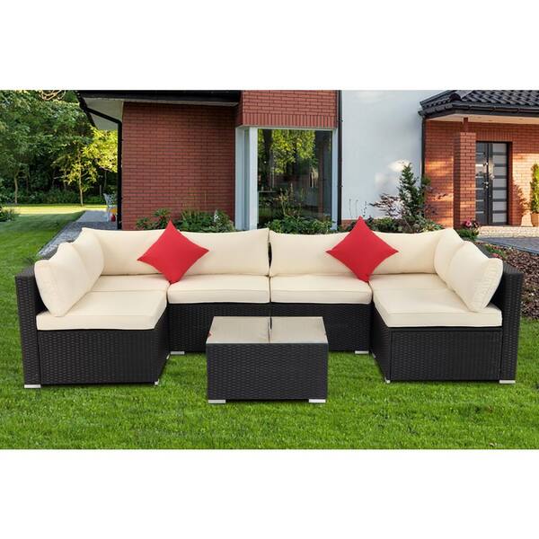 Casainc Dark Brown 7 Piece Pe Wicker Outdoor Patio Conversation Sofa With Beige Foam Cushions Wf Cn7102 4 Be The Home Depot Casainc Dark Brown 7 Piece Pe Wicker, Foam For Sofa Cushions Canada