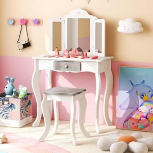 1-Piece Wood Top White Kids Vanity Set Makeup Table and Chair Tri-Folding Mirror Sweet Accessories