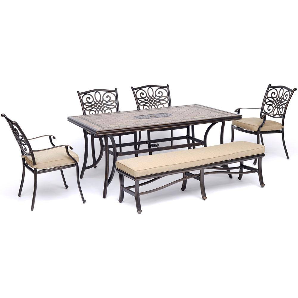Hanover MONDN6PCSW4BN-TAN Mo co 6-Piece Dining Set In With Four Swivel Rockers A Cushioned Bench And A 40 X 68 Tile-Top Table Outdoor Furniture Tan 