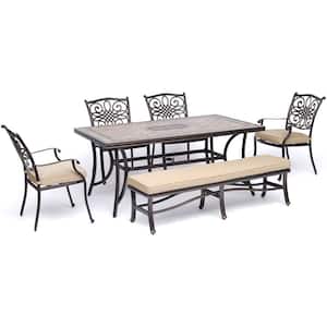 Monaco 6-Piece Aluminum Outdoor Dining Set with Tan Cushions with a Cushioned Bench and Tile-Top Table