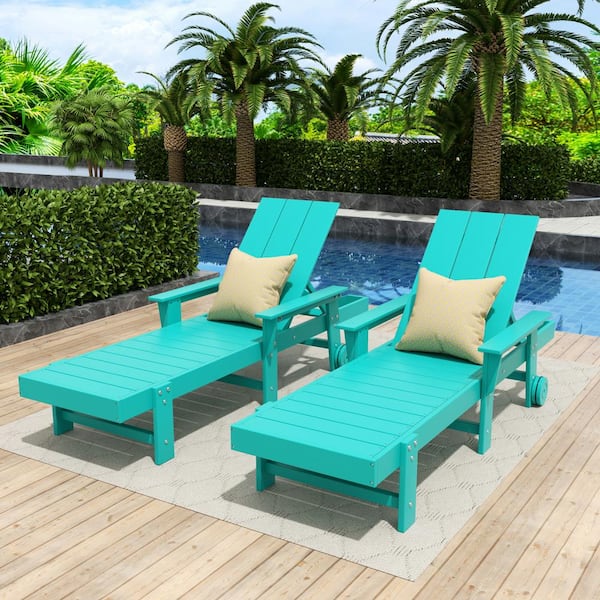 Shoreside 2Piece Turquoise Fade Proof Plastic Portable Poly Reclining Outdoor Patio Chaise Lounge Arm Chairs with Wheels