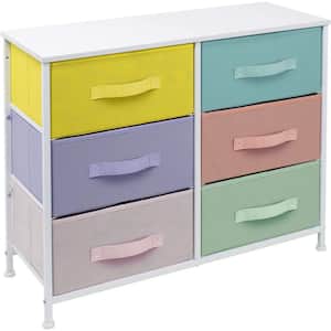 11.75 in. L x 31.5 in. W x 24.62 in. H 6-Drawer Pastel White Dresser Steel Frame Wood Top Easy Pull Fabric Bins