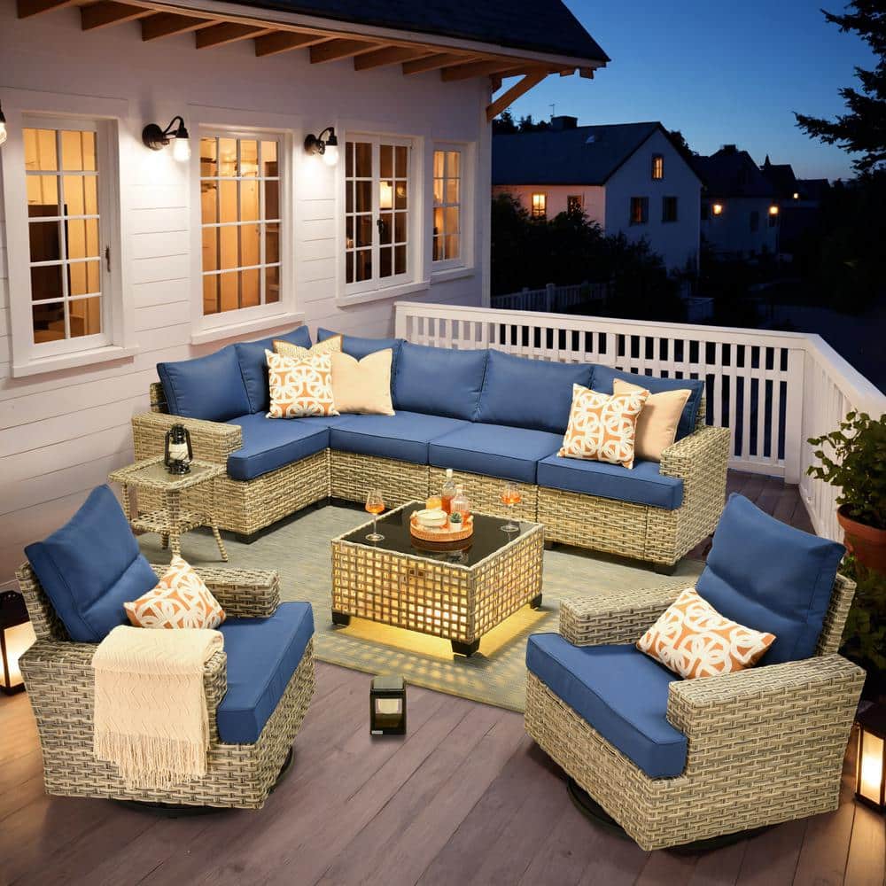 Tiberty Gray 9-Piece Wicker Patio Conversation Seating Set with Navy Blue Cushions and Swivel Chairs price history on PriceWatchPro