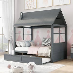 Gray Full Size Wood House Bed with Twin Size Trundle, Wooden Daybed