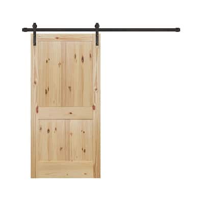 36 in. x 84 in. Rustic Unfinished 2-Panel Knotty Pine Interior Wood Sliding Barn Door with Bronze Hardware Kit