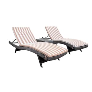 Miller Grey 3-Piece Faux Rattan Outdoor Chaise Lounge and Table Set with Brown/ White Stripe Cushions