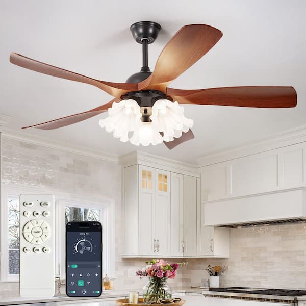 48 in. 6-Light Black Indoor Ceiling Fan with Remote, Smart Integrated LED Retractable Ceiling Fan for Living Room