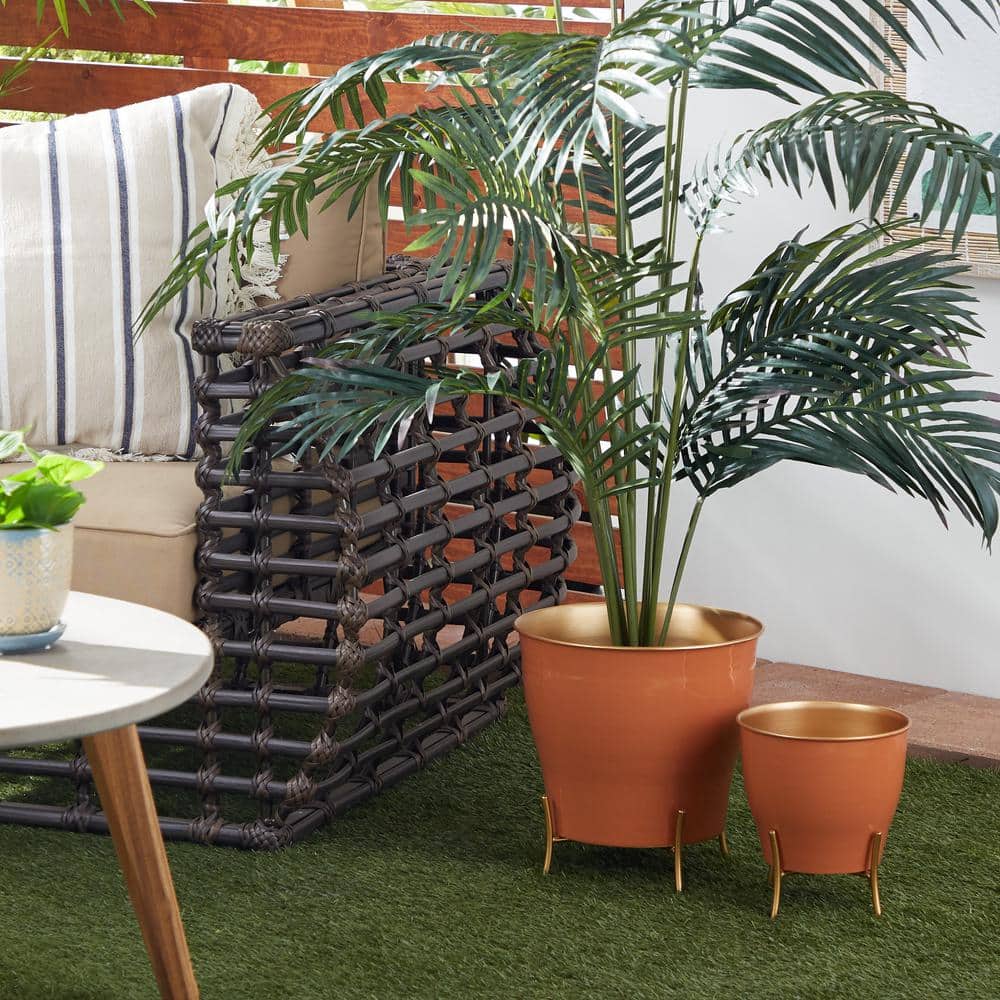 Novogratz Burnt Orange Iron Round Planters with Gold Stands, Set of 2