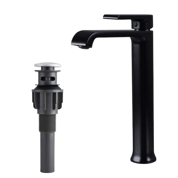 FLG Single Handle Bathroom Vessel Sink Faucet with Pop-Up Drain Modern Brass Bathroom Tall High Taps in Matte Black