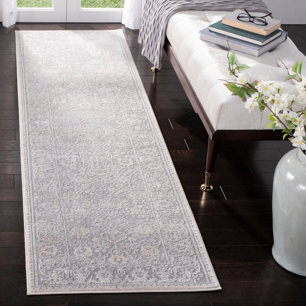 Elegant Floral Essence Light Grey & Cream Hand-Knotted Runner Rug